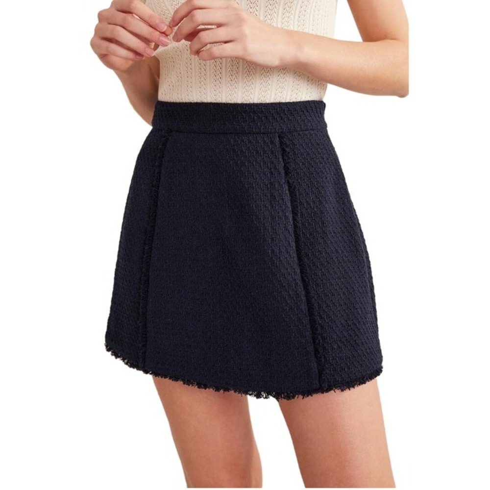 Boden Navy Blue Tweed Interest Mini Skirt US 14 Fringed A-Line R0254 NWOT